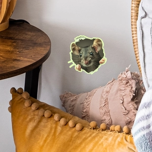 Detailed 3D mouse hole wall sticker featuring a cute grey mouse peeking from a wall crack