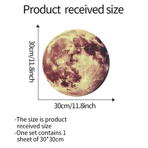 Luminous moon wall sticker detail showing realistic texture and 30cm x 30cm size specs