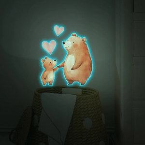 Luminous cartoon brown bear wall sticker with pink hearts glowing in the dark
