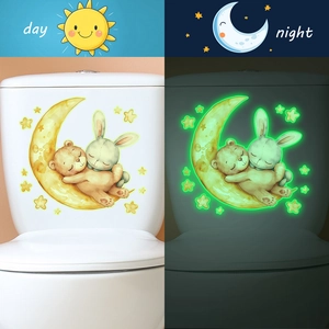 Luminous night light stickers with bear and rabbit on moon for bathroom toilet decoration