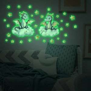 Luminous wall stickers with green cartoon dragons and stars glowing in the dark bedroom