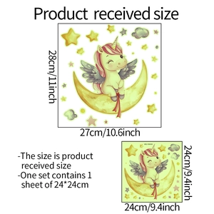 Luminous unicorn and moon wall sticker showing sheet size 24x24cm and layout dimensions