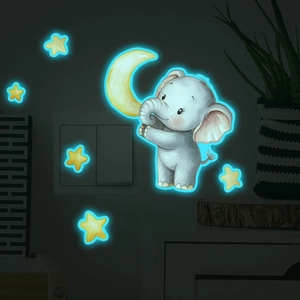 Luminous cartoon elephant and stars wall sticker with cyan glow for home switch decor