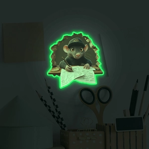 Close-up of a 3D glow-in-the-dark mouse wall sticker featuring a writing cartoon mouse