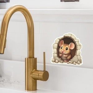 3D realistic cartoon mouse peeking from a wall hole decal on white kitchen tiles