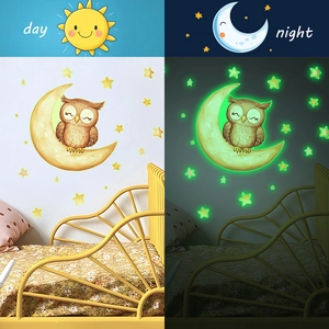 Luminous Cartoon Owl On Moon And Stars Wall Stickers Glow In The Dark PVC Fluorescent Decals For Kids Bedroom Decor