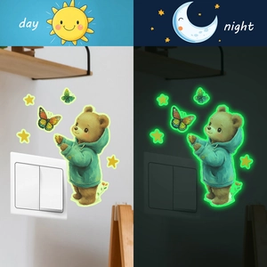 Luminous teddy bear and butterfly wall stickers for light switch home decoration