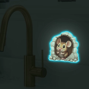 Luminous 3D cartoon mouse wall sticker glowing in a dark corner with a blue neon effect
