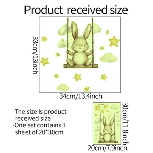 Sticker mural lapin de dessin animé lumineux sur balançoire avec étoiles pour chambre enfant