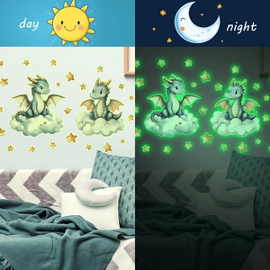 Luminous dinosaur and stars wall stickers for kids bedroom showing day and night effect