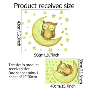 Detailed dimensions of luminous owl and moon wall stickers for nursery decor