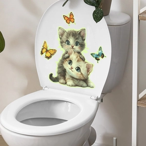 Detailed toilet seat decals featuring cute 3D cats and colorful butterflies in a bathroom