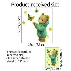 Detailed view of luminous bear and butterfly switch stickers with size measurements