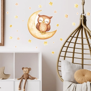Luminous owl sitting on a yellow crescent moon with decorative stars wall stickers