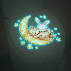 Luminous sleeping bear and bunny bathroom wall sticker with blue glow stars
