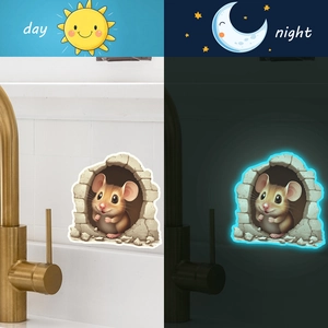 Luminous cartoon mouse hole wall sticker showing day and night glowing effect