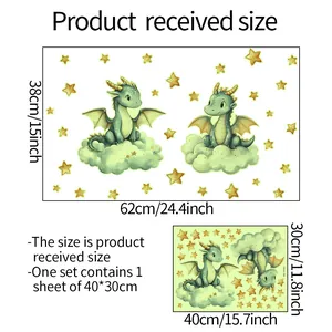 Size chart for glow-in-the-dark dinosaur wall stickers with clouds and stars