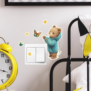 Luminous wall sticker with cute brown bear and butterflies for bedroom light switch décor