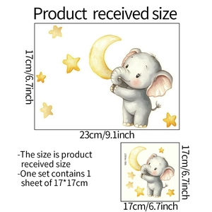 Detail view of elephant and moon wall sticker set with precise 17x17cm dimensions
