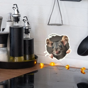 3D realistic mouse hole wall sticker showing a grey mouse on white kitchen tiles