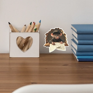 Detailed 3D wall sticker of a cartoon mouse writing at a desk on a white bedroom wall