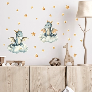 Detail of dinosaur and stars wall stickers in a cozy nursery room setting
