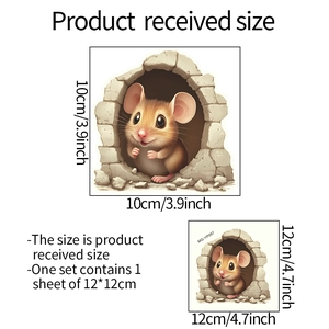 Detailed view of 3D mouse hole wall sticker with 10cm and 12cm size specifications