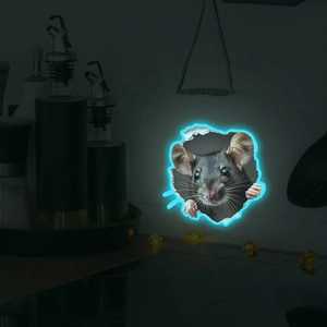 Detailed 3D mouse wall sticker with luminous blue edge in a dark kitchen setting