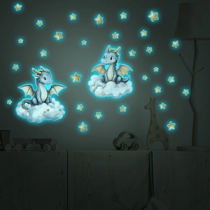 Glow-in-the-dark dinosaur and star wall stickers with fluorescent blue light for kids rooms