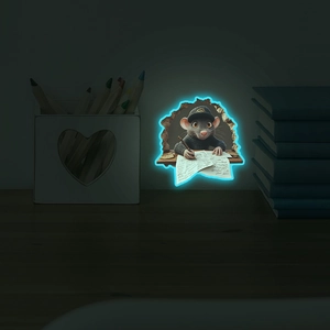 Luminous cartoon mouse writing 3D wall sticker with cyan glow effect for bedroom decor