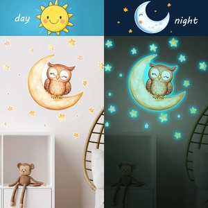 Luminous wall stickers featuring sleeping owl on moon with stars in day and night views