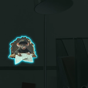 3D fluorescent wall sticker featuring a cartoon mouse writing at a desk with neon light