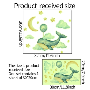Dimensions des stickers baleine lumineuse avec instructions de pose 32x30cm