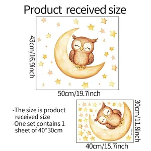 Glow-in-the-dark owl moon wall sticker set with size specifications in 40x30cm layout