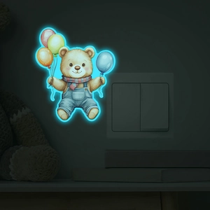 Luminous cartoon bear wall sticker with colorful balloons for home light switch decor