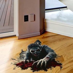 3D Halloween wall decal featuring a scary zombie crawling out of a cracked wooden floor
