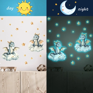 Luminous dinosaur and stars wall stickers for kids bedroom showing day and night effect
