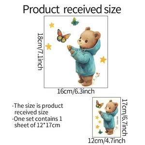 Luminous bear and butterfly wall sticker set with size chart in 16x18 cm layout