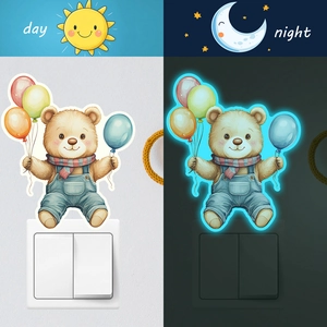Fluorescent cartoon bear with balloons light switch sticker showing day and night effect