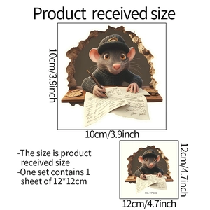 Detail of 3D cartoon mouse wall sticker showing size specifications and cute sweater design