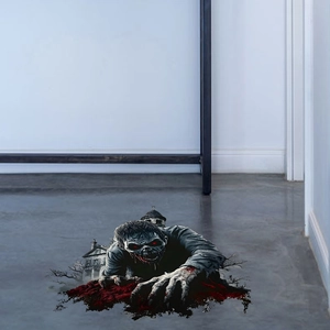 3D Halloween wall decal featuring a scary zombie crawling from ruins on a grey floor