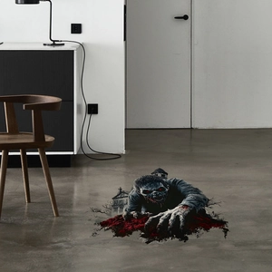 3D Halloween wall sticker featuring a scary zombie crawling from broken floor debris