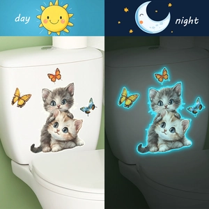 Luminous cute cat and butterfly toilet stickers showing day and night glowing effects