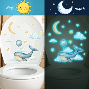 Stickers Muraux Baleine Lune Étoiles Lumineux dans le Noir PVC Imperméable Décoration Couvercle de Toilettes Salle de Bain Animaux Marins