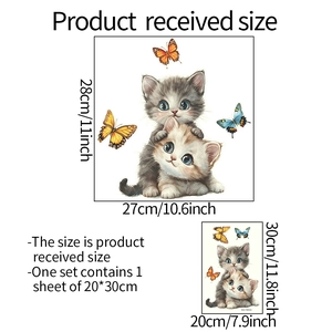 Detailed dimension guide for cat and butterfly wall stickers showing 20x30cm sheet size
