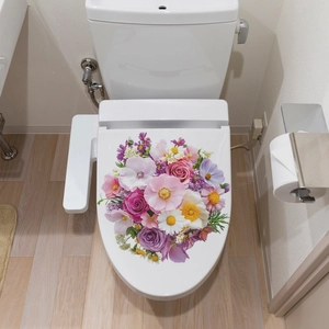 Floral toilet lid decal featuring pink and purple flowers for bathroom home decoration