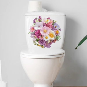 Self-adhesive floral toilet lid sticker with colorful vintage roses and daisies