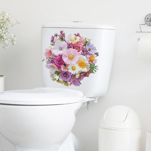 Floral toilet tank decorative sticker with roses and daisies in a minimalist white bathroom