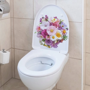 Floral toilet lid decal featuring colorful roses and daisies for bathroom decoration