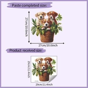 Detail showing self-adhesive wall stickers of three puppies in pots and dimensions